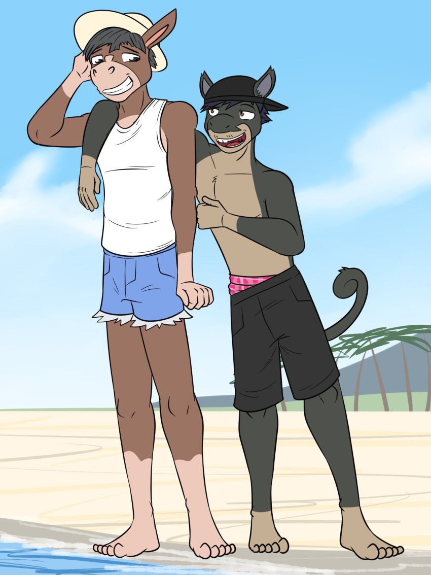 alolan_form alolan_rattata anthro anthrofied arm_around_shoulders backwards_baseball_cap backwards_hat barefoot baseball_cap beach black_bottomwear black_clothing black_shorts bottomwear clothed clothing cutoffs daisy_dukes denim denim_clothing duo feet furgonomics fuze generation_7_pokemon hat headgear headwear hi_res hotpants looking_at_another male male/male mudbray nintendo outside pattern_clothing pattern_underwear plaid plaid_clothing plaid_underwear pokemon pokemon_(species) pokemorph regional_form_(pokemon) sagging_pants seaside shirt shorts sun_hat tank_top topless topwear underwear white_clothing white_shirt white_tank_top white_topwear