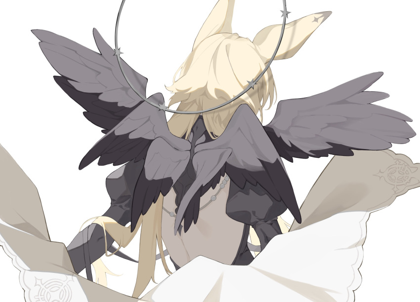 1girl absurdres animal_ears arknights backless_dress backless_outfit black_dress black_wings blonde_hair commentary dorothy_(arknights) dorothy_(hand_of_destiny)_(arknights) dress facing_away feathered_wings felsushi2 headdress highres long_hair mouse_ears mouse_girl multiple_wings puffy_sleeves simple_background solo upper_body veil white_background wings