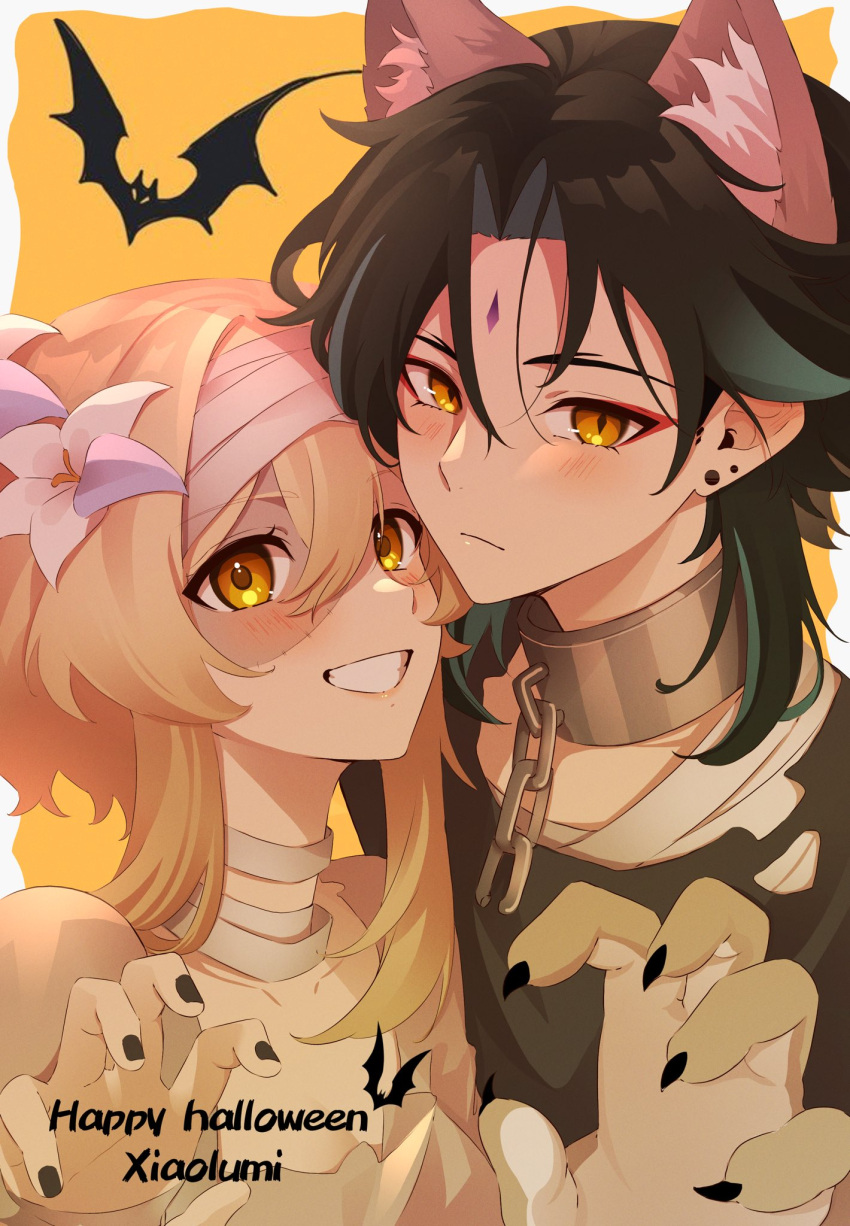 1boy 1girl animal_ears bandages bat_(animal) black_hair black_nails black_shirt blonde_hair collar earrings english_commentary flower fox_ears genshin_impact grey_hair hair_flower hair_ornament halloween halloween_costume highres jewelry jk_4140 long_hair lumine_(genshin_impact) multicolored_hair mummy shirt smile teeth xiao_(genshin_impact) yellow_eyes