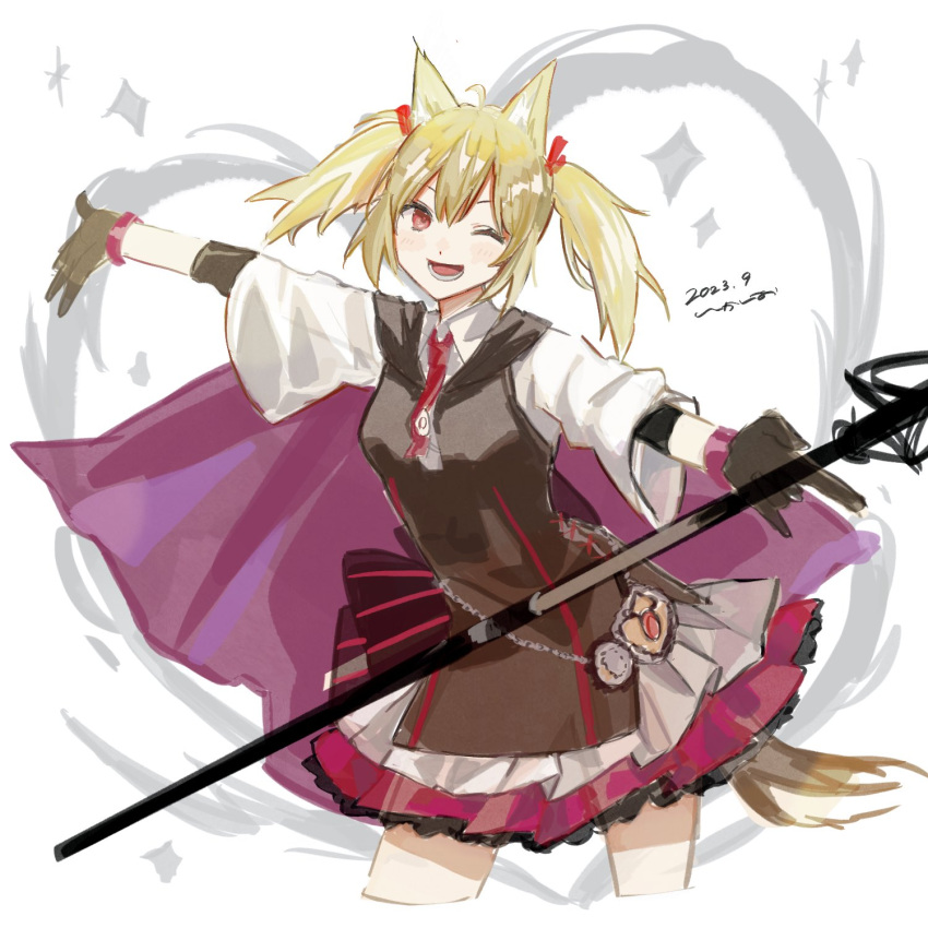 1girl ;d animal_ear_fluff animal_ears arknights black_dress black_gloves blonde_hair bow breasts cape commentary_request cropped_legs dated dress eyebrows_hidden_by_hair gloves hair_between_eyes hair_ribbon highres holding k-yosinori long_sleeves looking_at_viewer one_eye_closed outstretched_arms pleated_skirt purple_cape purple_skirt red_eyes red_ribbon ribbon shirt signature simple_background skirt sleeveless sleeveless_dress small_breasts smile solo sora_(arknights) spread_arms standing striped striped_bow tail twintails white_background white_shirt