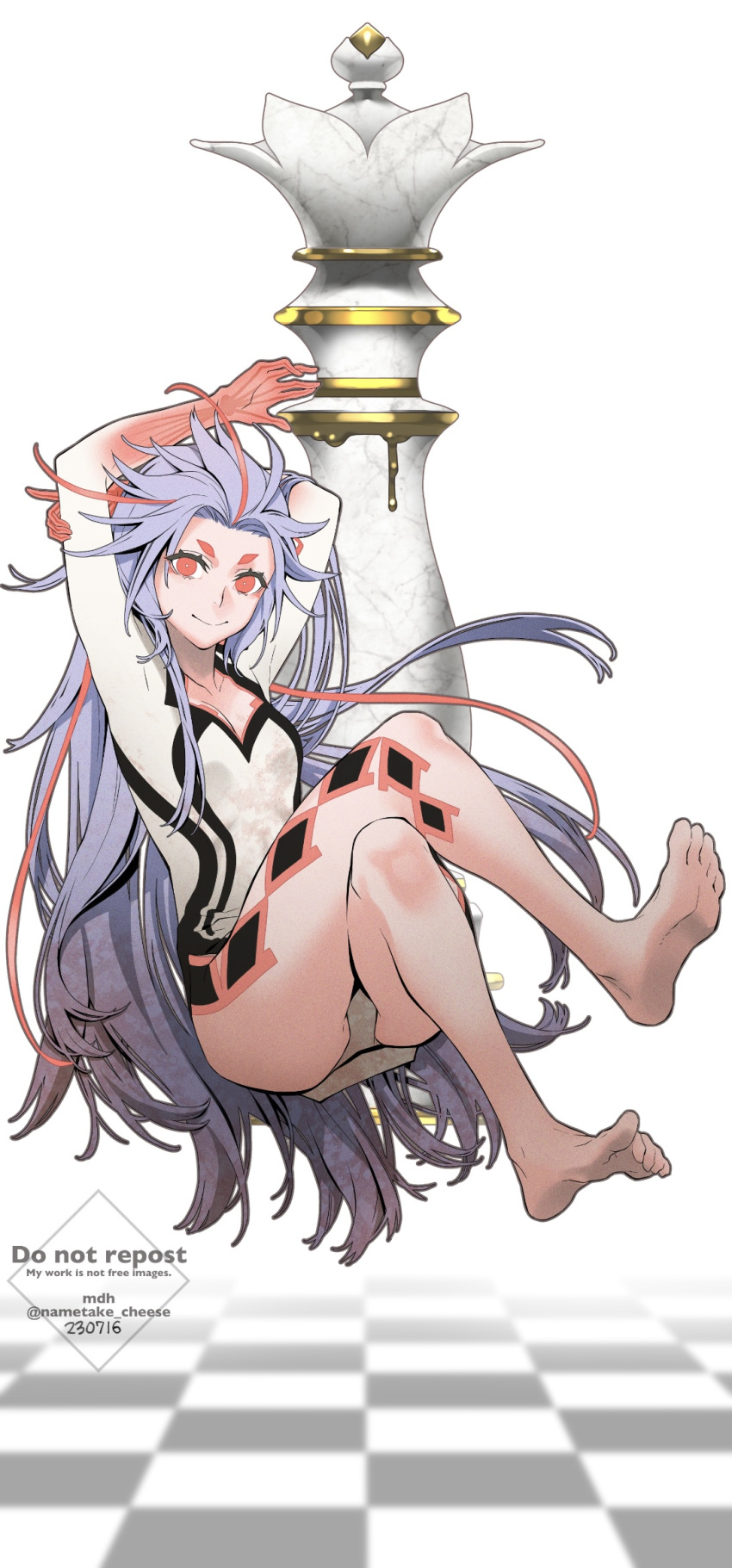 1girl ai_the_somnium_files aiba_(ai_the_somnium_files) arms_up barefoot breasts checkered_floor chess_piece closed_mouth commentary dated full_body highres long_hair looking_at_viewer multicolored_hair nametake_cheese purple_hair red_eyes red_hair smile solo streaked_hair thick_eyebrows twitter_username two-tone_hair watermark white_background