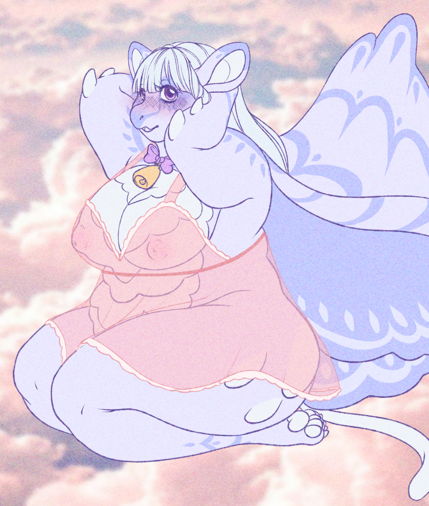 2023 absurd_res anthro big_breasts big_butt blush breasts butt claws clothed clothing digital_drawing_(artwork) digital_media_(artwork) dragon fairy_dragon female hair hi_res looking_at_viewer neck_bell neck_bow nipples overweight overweight_anthro overweight_female pastel pawpads purple_eyes scalie simple_background smile solo solo_focus tail thick_thighs wanderingprincess white_hair wings