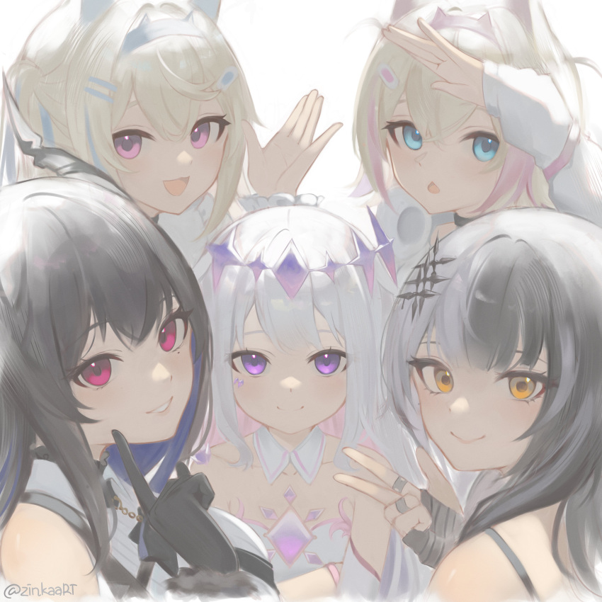 5girls absurdres animal_ears black_gloves black_hair blonde_hair blue_eyes blue_hair brown_eyes colored_inner_hair crossed_arms detached_collar dog_ears dog_girl fuwawa_abyssgard gloves grey_hair hairband headphones highres holoadvent hololive hololive_english horns jewelry koseki_bijou long_hair mococo_abyssgard mole mole_under_eye multicolored_hair multiple_girls nerissa_ravencroft pink_eyes pink_hair purple_eyes red_eyes ring shiori_novella siblings sidelocks sisters smile split-color_hair streaked_hair twins two_side_up v virtual_youtuber white_background yellow_eyes zinkaa