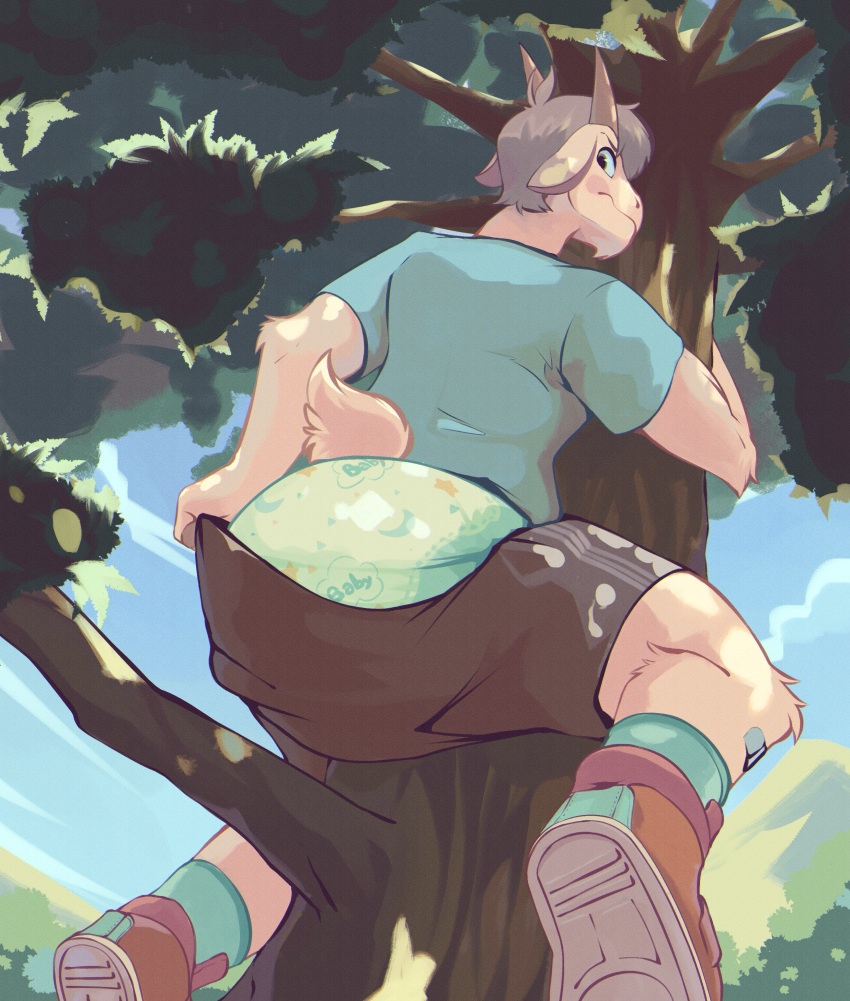 absurd_res annoyed annoyed_expression anthro bandage bottomwear bottomwear_down bovid brown_eyes brown_hair caprine climbing climbing_tree clothed clothing cloud diaper footwear fur goat hair hi_res holding_tree horn looking_down male mammal mountain outside ozzybear pants pants_down partially_clothed plant print_diaper pulling_clothing pulling_pants_down scut_tail shirt shoes short_hair short_tail shorts sky socks solo t-shirt tail topwear tree yellow_body yellow_fur