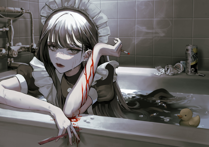 1girl bathing bathroom bathtub beer_can black_dress black_hair bleeding blood blood_on_arm blood_stain can cigarette cigarette_butt clothed_bath commentary_request crushed_can crying crying_with_eyes_open dress ear_piercing earrings frilled_dress frills grey_eyes highres holding holding_cigarette holding_knife indoors industrial_piercing jewelry knife lighter long_hair maid maid_headdress medicine original piercing puffy_short_sleeves puffy_sleeves red_lips rubber_duck self_harm short_sleeves smoke smoking solo strong_zero tears tile_wall tiles wet wrist_cutting yumeno_yume