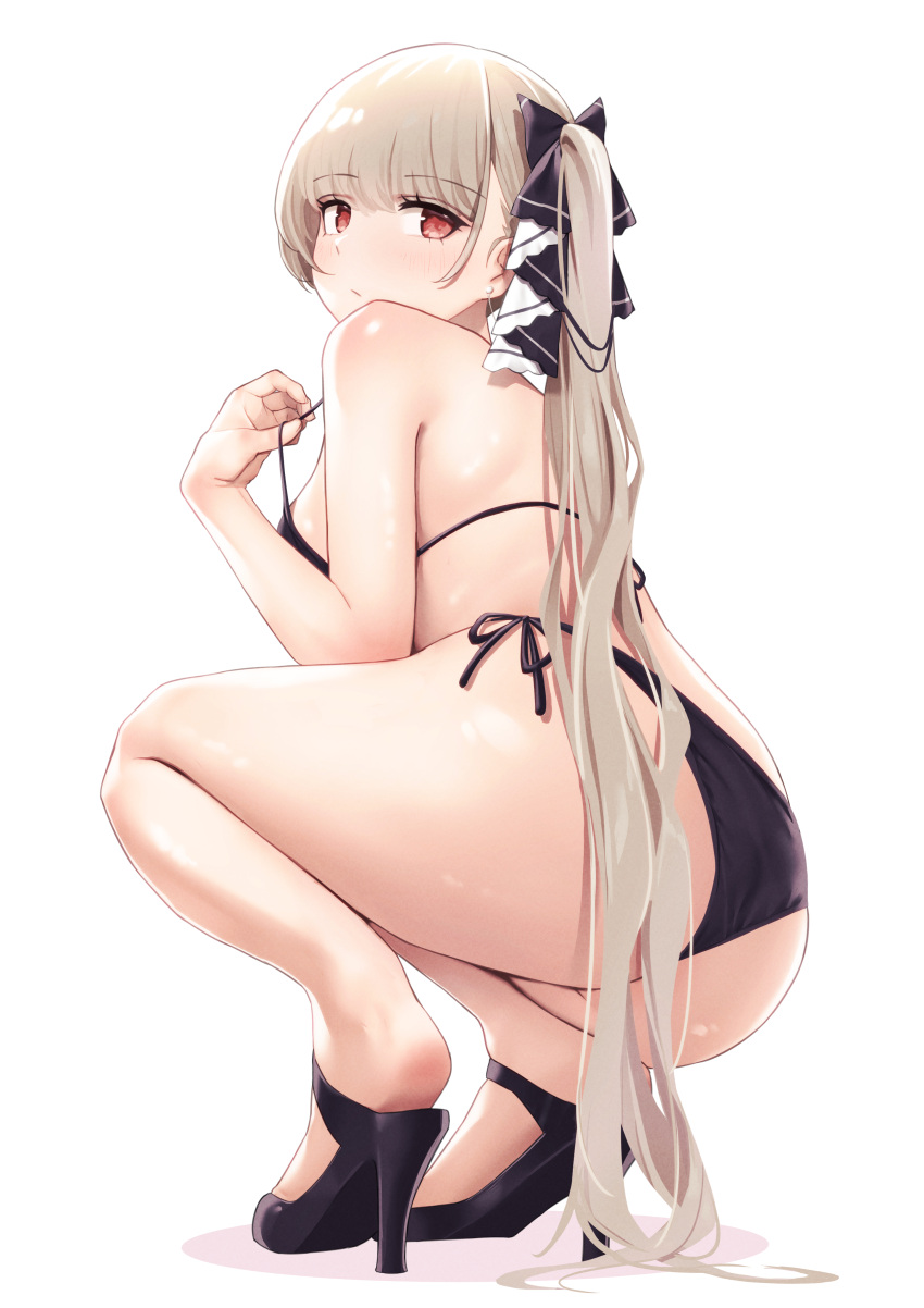 1girl absurdres ass azur_lane bikini black_bikini black_bikini_bottom blunt_bangs breasts brown_hair classic_(zildjian33) commentary_request earrings formidable_(azur_lane) high_heels highres jewelry long_hair looking_at_viewer medium_breasts partial_commentary red_eyes sidelocks solo squatting swimsuit thighs twintails very_long_hair white_background