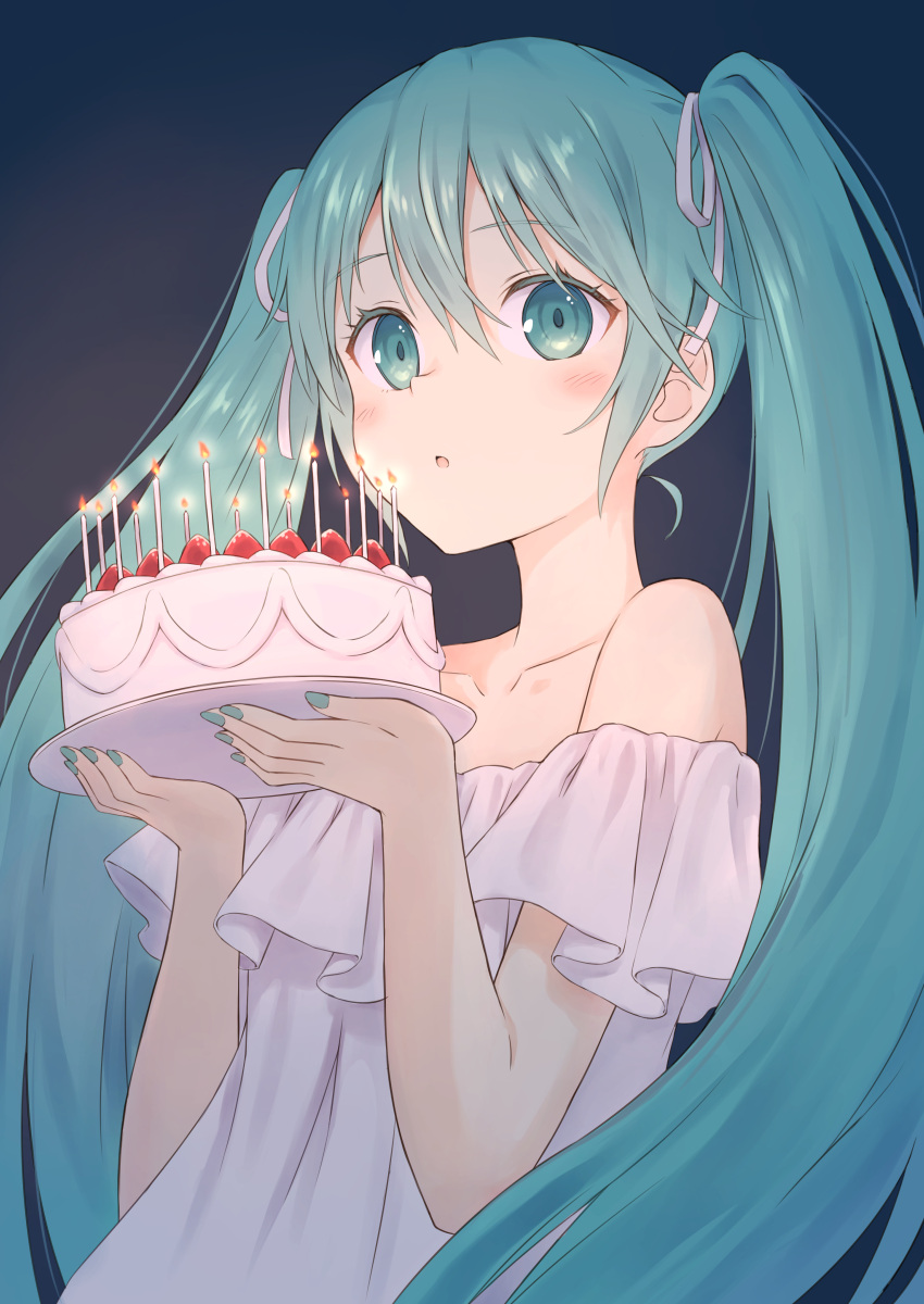 104 1girl absurdres aqua_eyes aqua_hair aqua_nails bare_shoulders birthday_cake cake candle collarbone commentary dress fire food fruit hair_ribbon hatsune_miku highres holding holding_plate long_hair looking_at_viewer plate ribbon short_sleeves solo strawberry twintails very_long_hair vocaloid white_dress white_ribbon