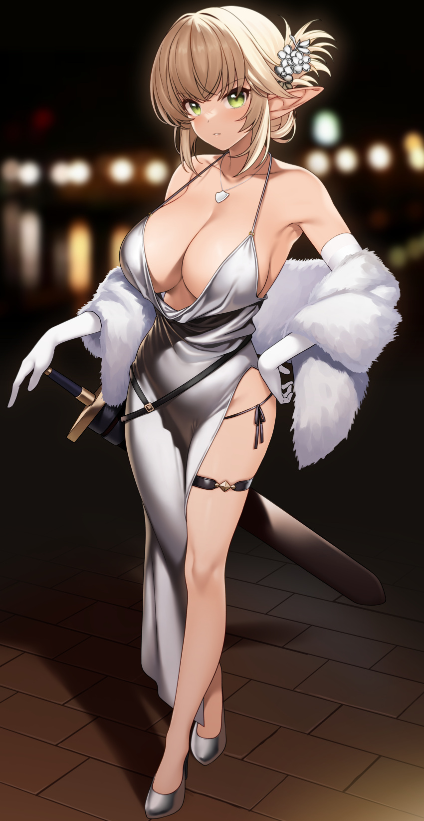 1girl absurdres aegis_(takunomi) bare_legs bare_shoulders blonde_hair blurry blurry_background bokeh breasts cleavage collarbone commentary_request depth_of_field dress elbow_gloves elf enjo_kouhai feather_boa full_body gloves green_eyes grey_dress grey_footwear hand_on_hilt hand_on_own_hip highres jewelry large_breasts long_pointy_ears looking_at_viewer necklace panties panty_straps parted_lips pendant pointy_ears serious shawl sheath sheathed shoes side-tie_panties solo standing sword takunomi thigh_strap underwear weapon white_gloves