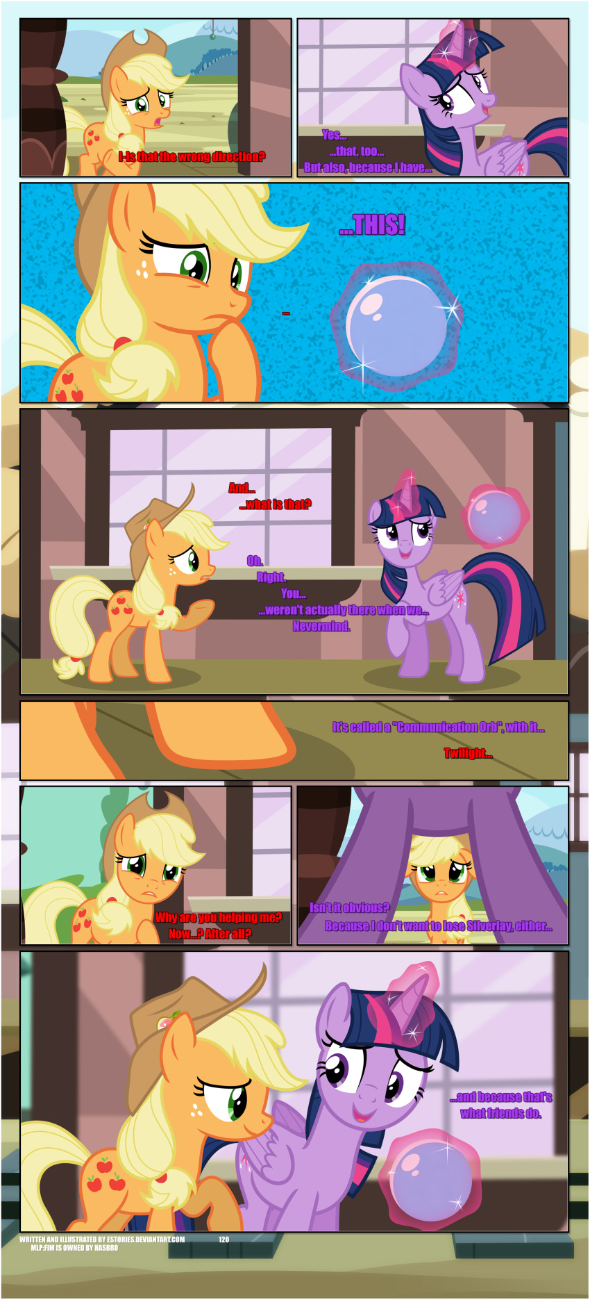 absurd_res applejack_(mlp) bangs black_border border building clothing cowboy_hat cutie_mark dialogue duo ears_up earth_pony english_text equid equine estories female feral folded_wings friendship_is_magic frown glowing glowing_horn glowing_orb hasbro hat headgear headwear hi_res hooves horn horse magic mammal my_little_pony open_mouth orb outside pony ponyville raised_hoof text train_station twilight_sparkle_(mlp) window winged_unicorn wings