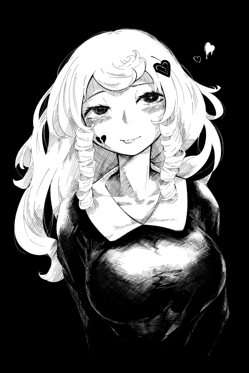 aygoftenover blush breasts broken_heart_print closed_mouth collarbone drill_hair greyscale hair_ornament heart heart_hair_ornament highres large_breasts long_hair looking_at_viewer monochrome shy_(series) smile solo swept_bangs tongue tongue_out twin_drills upper_body