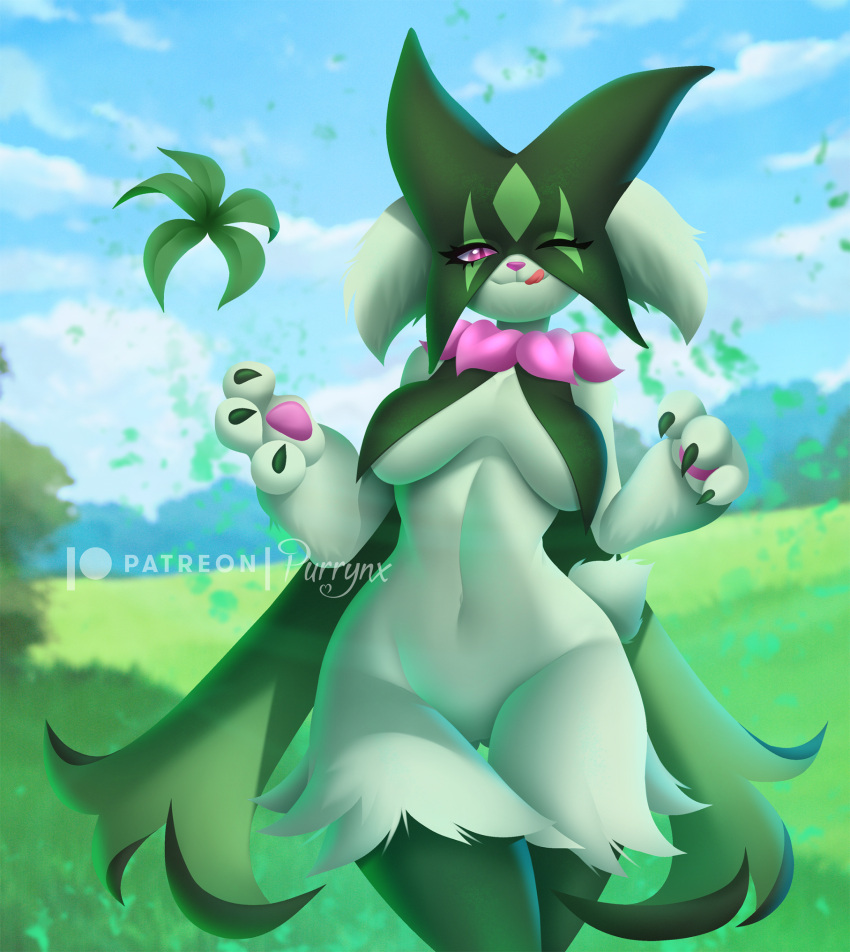 3_fingers claws female fingers fur generation_9_pokemon green_body green_fur hi_res mask meowscarada navel nintendo one_eye_closed plant pokemon pokemon_(species) purrynx seductive sky solo standing thick_thighs tree