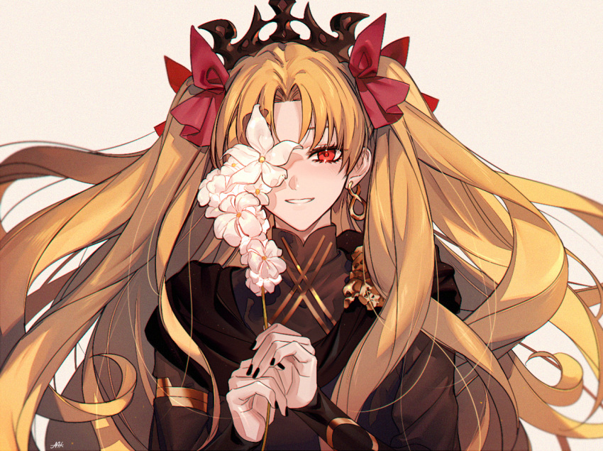 1girl armlet black_dress black_nails black_tiara blonde_hair blurry bow depth_of_field dress earrings ereshkigal_(fate) ereshkigal_(third_ascension)_(fate) fate/grand_order fate_(series) film_grain flower flower_over_eye gold_earrings hair_bow hands_up holding holding_flower infinity_symbol jewelry light_blush long_hair long_sleeves looking_at_viewer maka_(mksrw) multiple_hair_bows nail_polish parted_bangs parted_lips red_bow red_eyes signature simple_background skull smile solo tiara two_side_up upper_body white_flower yellow_background