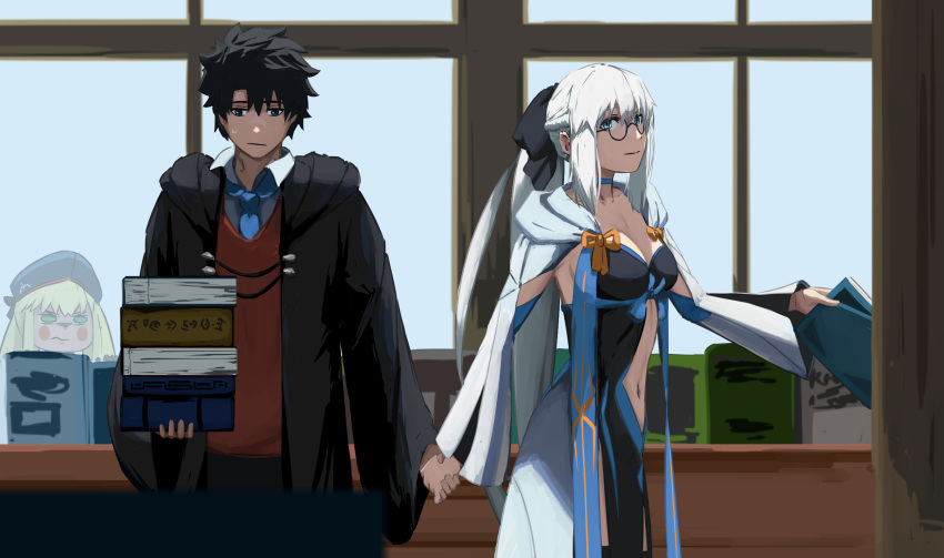 1boy 2girls against_glass angry artoria_caster_(fate) artoria_pendragon_(fate) beret black-framed_eyewear black_hair black_robe blonde_hair blue_necktie blush book book_stack breasts cleavage closed_mouth collared_shirt day dress fate/grand_order fate_(series) frown fujimaru_ritsuka_(male) glasses green_eyes hat highres holding holding_book holding_hands indoors library long_hair medium_breasts morgan_le_fay_(fate) multiple_girls navel necktie paperpillar red_shirt robe round_eyewear shirt short_hair smile sweatdrop white_hair white_shirt