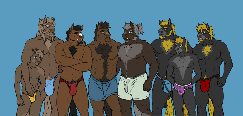 anthro clothing equid equine family group hi_res horse hunterramirez male male/male mammal musclegut muscular smile underwear young