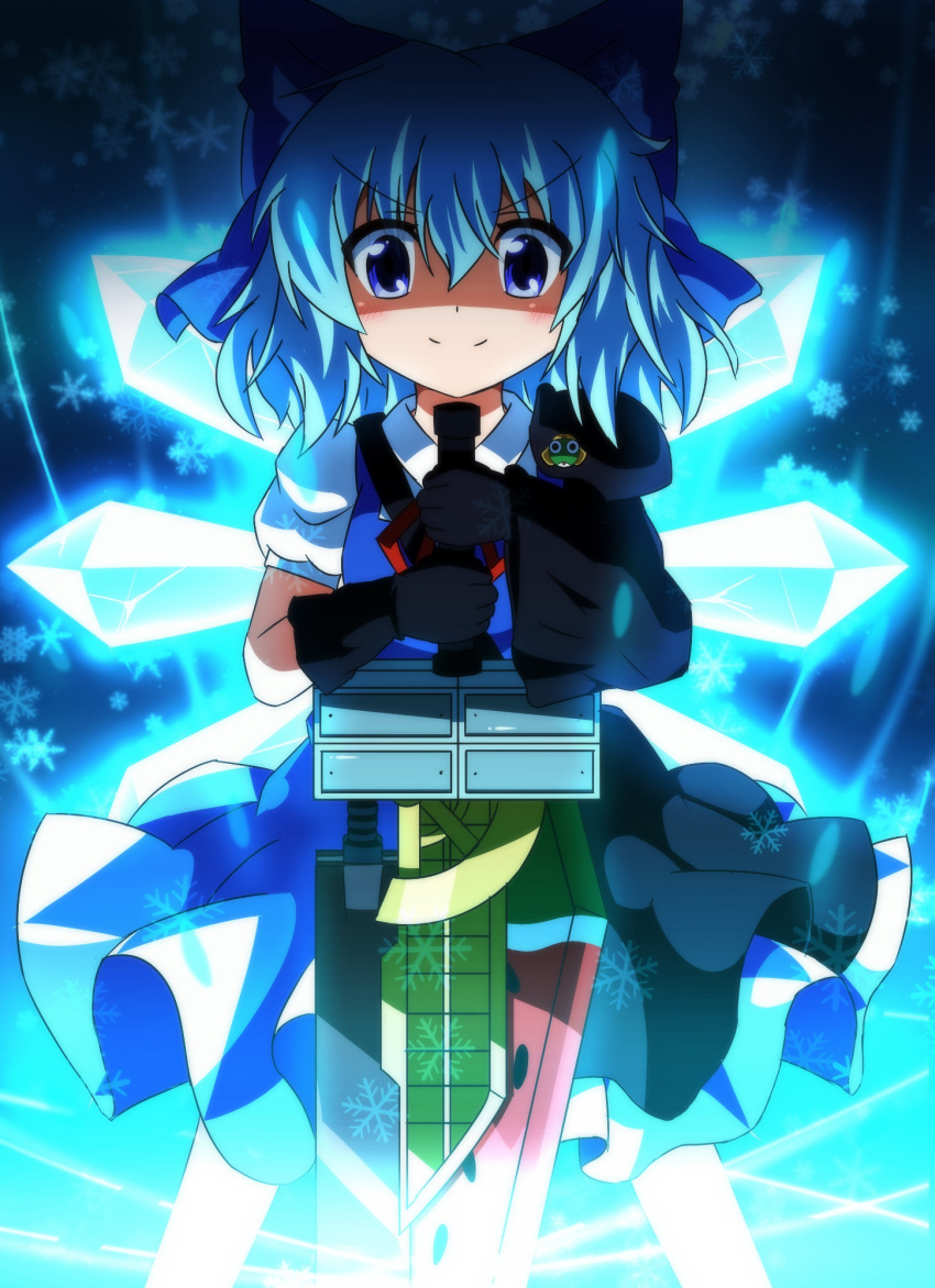 1girl advent_cirno anime_coloring black_gloves blue_bow blue_dress blue_eyes blue_hair bow cirno closed_mouth detached_wings dress feet_out_of_frame fusion_swords gloves hair_bow highres holding holding_sword holding_weapon ice ice_wings looking_at_viewer short_hair short_sleeves solo standing sword touhou v-shaped_eyebrows weapon wings yatsuchi_(mi)