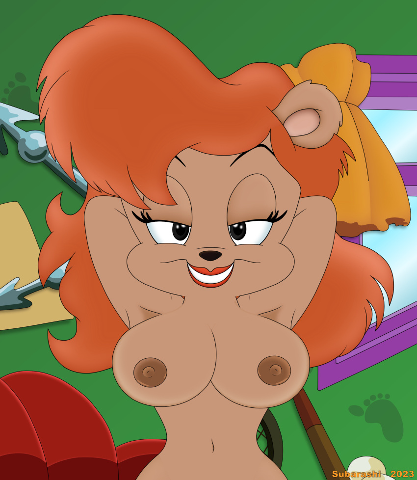 anthro bear female female/female first_person_view hands_behind_head hi_res julie_bruin lipstick looking_at_viewer makeup mammal nude smile solo subarashi tiny_toon_adventures warner_brothers