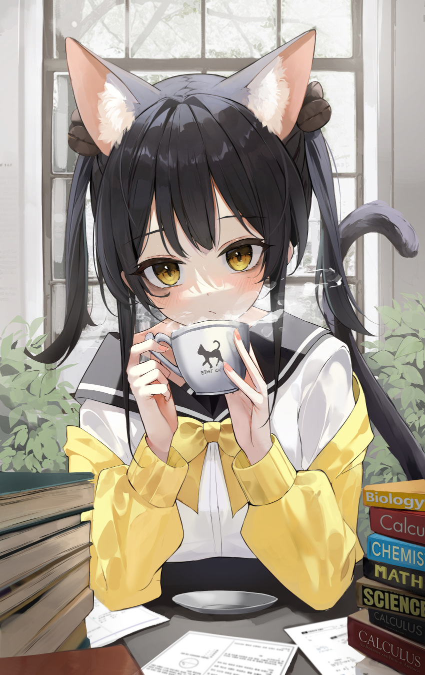 1girl absurdres animal_ear_fluff animal_ears animal_ears_(norankkori) black_hair black_sailor_collar blush book book_stack bow bowtie cat_ears cat_girl cat_tail closed_mouth coffee_bean_hair_ornament commentary cup double-parted_bangs hair_between_eyes hair_ornament highres holding holding_cup hot_drink jacket leaf long_sleeves looking_at_viewer off_shoulder original paper sailor_collar shirt solo symbol-only_commentary tail twintails upper_body white_shirt window yellow_bow yellow_bowtie yellow_eyes yellow_jacket