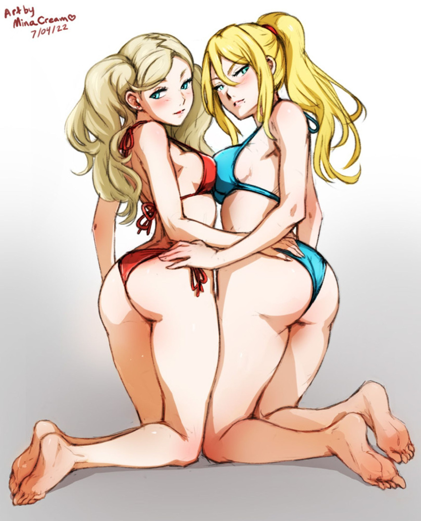 2girls artist_name ass ass_grab barefoot bikini blonde_hair blue_bikini blue_eyes blush breast_press breasts closed_mouth dated english_commentary feet full_body highres legs long_hair looking_at_viewer looking_to_the_side medium_breasts metroid mina_cream multiple_girls persona persona_5 red_bikini samus_aran sideboob smile soles string_bikini swimsuit symmetrical_docking takamaki_anne toes twintails yuri