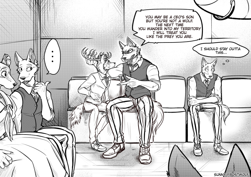 absurd_res anthro antlers background_character beastars bigotry bullying caesar_(greatlizardwizard) canid canine canis clothing fan_character group harassment hi_res horn hybrid ibuki_ii_(greatlizardwizard) male mammal scared scary_face school_uniform sunny_frostwolf uniform wolf