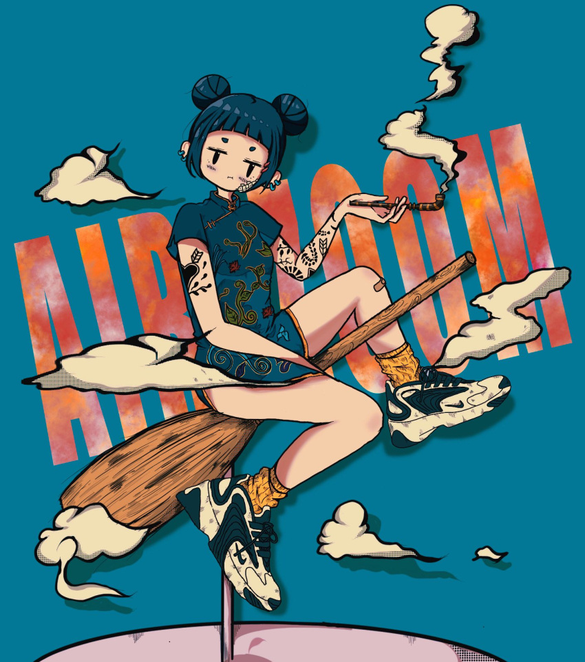1girl arm_tattoo bandaid bandaid_on_cheek bandaid_on_face bandaid_on_knee bandaid_on_leg bare_legs between_legs black_eyes blue_background blue_dress blue_hair broom broom_riding china_dress chinese_clothes cloud commentary dark_blue_hair double_bun dress drop_shadow earrings english_text full_body hair_bun hand_between_legs hand_up highres holding holding_smoking_pipe jewelry kiseru looking_at_viewer nao97122 nike original shoes short_dress short_hair short_sleeves sitting smoke smoking_pipe sneakers socks solo tattoo yellow_socks