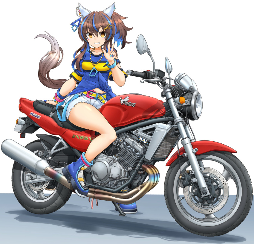 1girl absurdres animal_ears blue_footwear blue_hair blue_shirt daitaku_helios_(umamusume) ear_covers full_body gyaru highres horse_ears horse_girl horse_tail kawasaki long_hair looking_at_viewer mikeran_(mikelan) motor_vehicle motorcycle multicolored_hair shirt short_shorts shorts simple_background smile solo streaked_hair tail two-tone_hair umamusume white_background white_shorts yellow_eyes