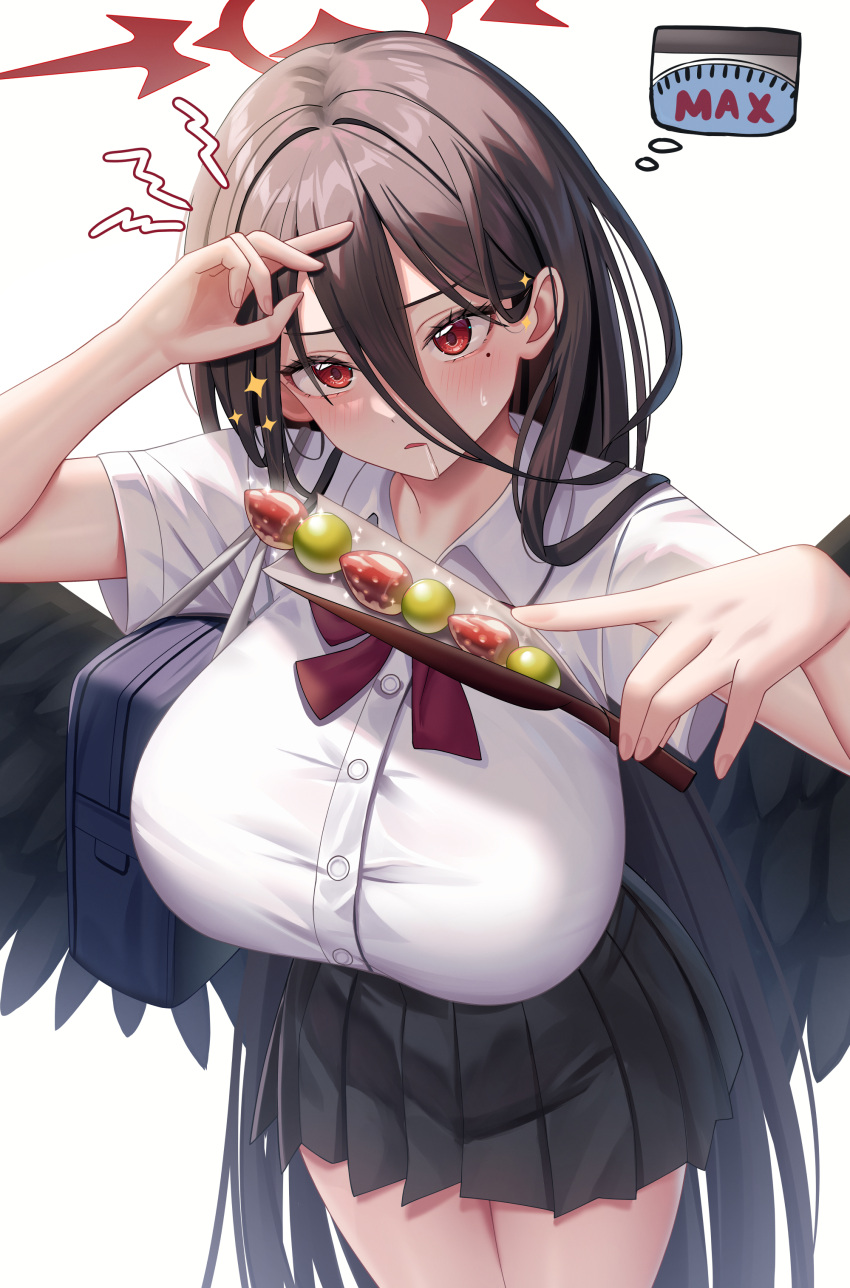 1girl absurdres bag black_hair black_skirt blue_archive blue_bag blush breasts chisi closed_mouth collared_shirt commentary cowboy_shot hair_between_eyes halo hand_up hasumi_(blue_archive) highres holding large_breasts looking_at_viewer mole mole_under_eye parted_lips pleated_skirt red_eyes red_halo saliva_drip shirt short_sleeves shoulder_bag simple_background skirt solo thighs white_background white_shirt wings