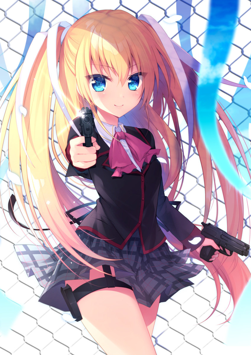 1girl black_jacket blonde_hair blue_eyes blurry blurry_foreground bow bowtie closed_mouth collared_shirt commentary_request dress_shirt dual_wielding firing_at_viewer floating_hair grey_skirt gun hair_between_eyes hair_ribbon handgun highres holding holding_gun holding_weapon holster jacket little_busters! long_hair long_sleeves looking_at_viewer miniskirt pink_bow pink_bowtie plaid plaid_skirt pleated_skirt revision ribbon shirt sig_p220/p226 sig_sauer skirt smile solo standing thigh_holster tokido_saya twintails very_long_hair weapon white_ribbon white_shirt wing_collar ytuorvi