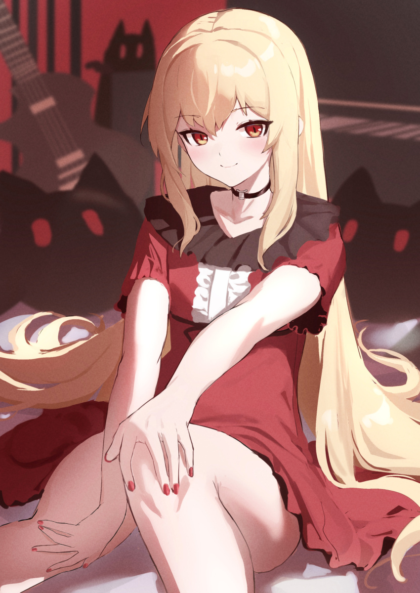 1girl black_choker blonde_hair choker closed_mouth copyright_request dress frilled_dress frills guitar hand_on_own_knee highres instrument long_hair looking_at_viewer nail_polish red_dress red_eyes red_nails short_sleeves side_slit smile solo stone_(ksorede) straight_hair very_long_hair