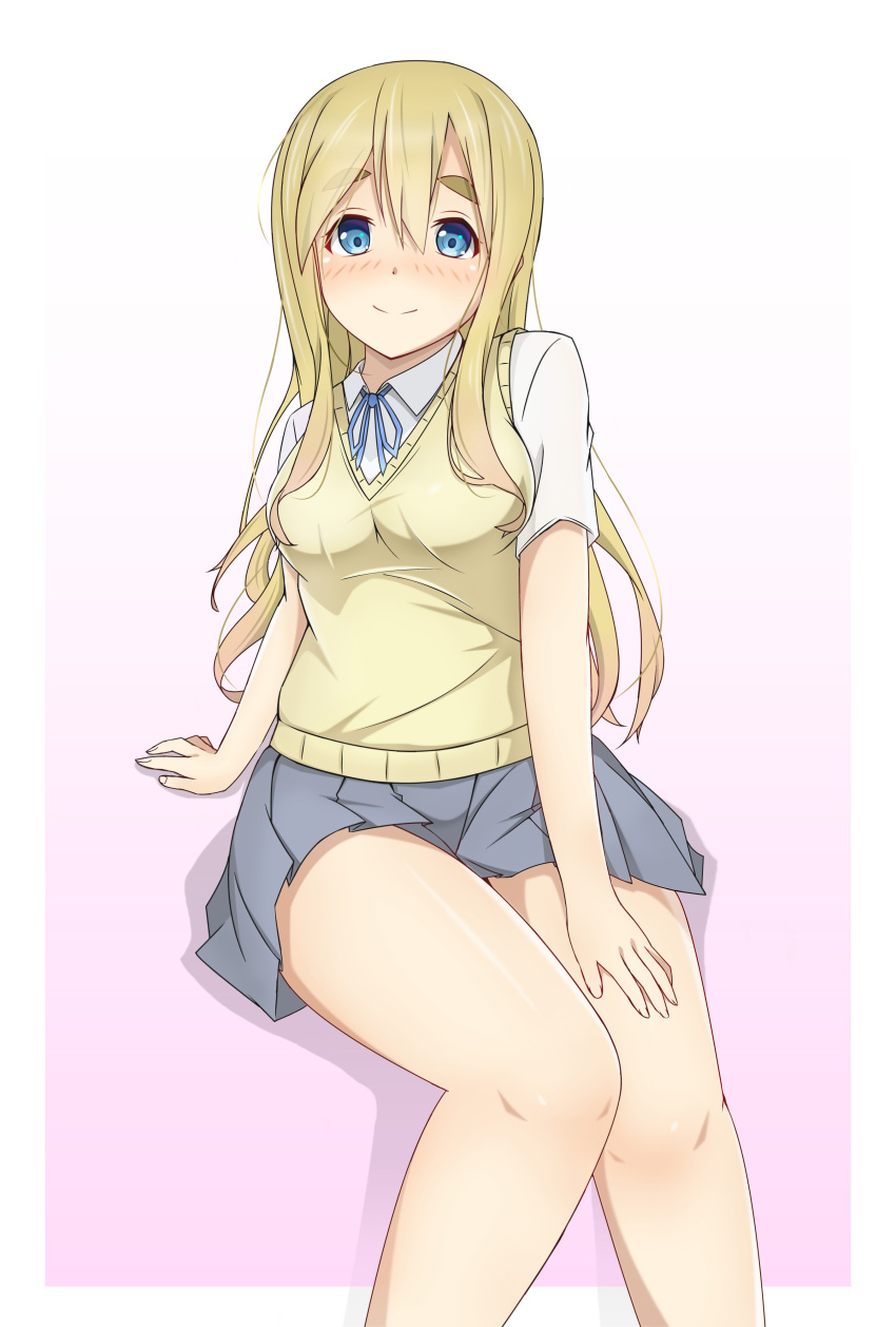 1girl absurdres blonde_hair blue_eyes blue_ribbon collared_shirt commentary_request cowboy_shot grey_skirt hair_between_eyes hand_on_own_thigh highres k-on! kotobuki_tsumugi long_hair looking_at_viewer neck_ribbon pleated_skirt ribbon sakuragaoka_high_school_uniform school_uniform shirt sidelocks simple_background sitting skirt solo summer_uniform sweater_vest thick_eyebrows thighs white_background white_shirt yasuc yellow_sweater_vest