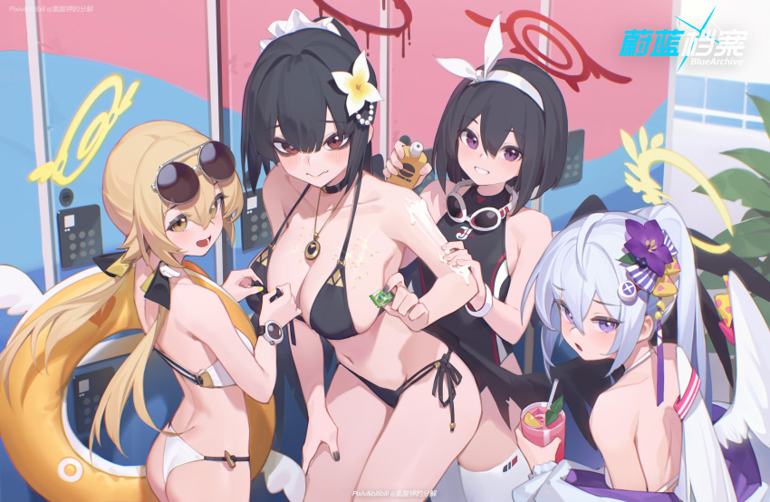 4girls absurdres azusa_(blue_archive) azusa_(swimsuit)_(blue_archive) bare_arms bare_legs bare_shoulders bikini bilibili_xiaolu black_bikini black_hair black_nails black_one-piece_swimsuit blue_archive blush breasts closed_mouth drink drinking_straw eyewear_on_head fingernails flat_chest flower hair_between_eyes hair_flower hair_ornament hairband halo hifumi_(blue_archive) hifumi_(swimsuit)_(blue_archive) highres holding holding_drink innertube large_breasts light_brown_hair locker long_hair lotion low_twintails mashiro_(blue_archive) mashiro_(swimsuit)_(blue_archive) multiple_girls nail_polish official_alternate_costume one-piece_swimsuit open_mouth purple_eyes purple_flower red_eyes red_halo round_eyewear short_hair small_breasts smile sunglasses sunscreen swimsuit tsurugi_(blue_archive) tsurugi_(swimsuit)_(blue_archive) twintails white_bikini white_hair white_hairband yellow_eyes yellow_flower yellow_halo