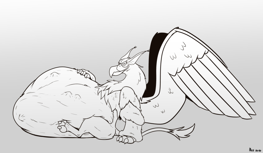 abdominal_bulge after_vore avian beak belly big_belly feral feral_pred greyscale griffin_(quest_for_camelot) gryphon hi_res looking_at_viewer male monochrome mythological_avian mythology quest_for_camelot sitting thatgryphonguy vore wings