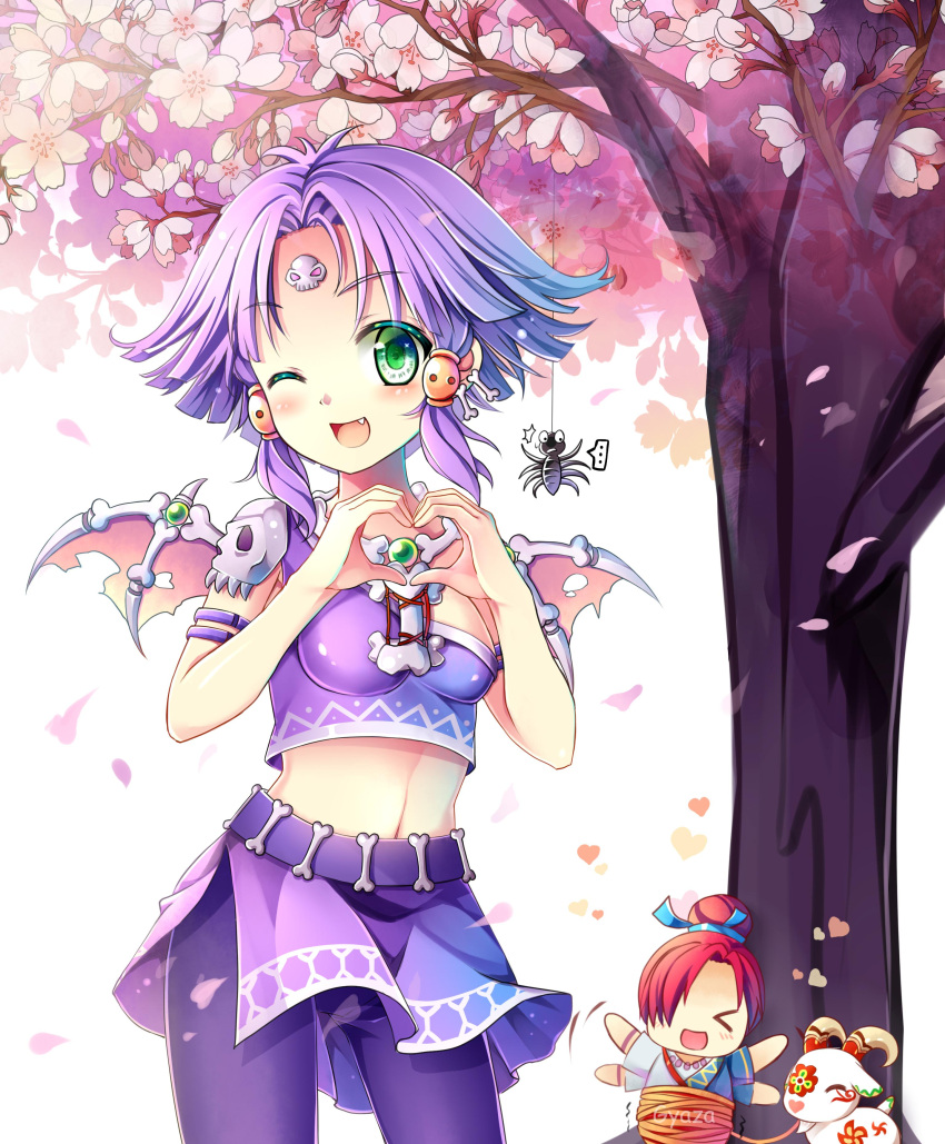 &gt;_&lt; 1boy 1girl :d absurdres armlet bare_arms bone_earring bound bug cherry_blossoms cowboy_shot crop_top facial_mark falling_petals fang forehead_mark goat green_eyes gu_jingling gyaza hair_bun hair_intakes heart heart_hands highres impossible_clothes jian_xiake looking_at_viewer menghuan_xi_you midriff off_shoulder one_eye_covered pants pants_under_skirt parted_bangs petals purple_hair purple_pants purple_shirt purple_skirt red_hair shirt short_hair skeletal_wings skirt skull_ornament smile solo_focus spider stomach tied_up_(nonsexual) torn_wings tree waving_arms white_background wings