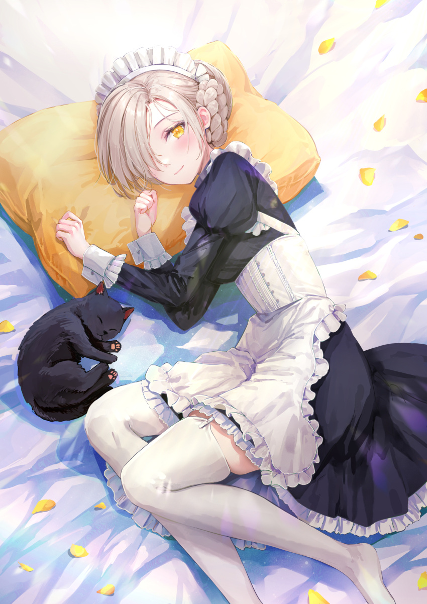 1girl akasaka_asa apron azur_lane black_cat blonde_hair blush cat closed_mouth dress foot_out_of_frame frilled_dress frills garter_straps hair_over_one_eye hair_rings highres juliet_sleeves long_sleeves looking_at_viewer lying maid maid_headdress on_side petals pillow puffy_sleeves sheffield_(azur_lane) smile thighhighs white_apron white_garter_straps white_thighhighs yellow_eyes