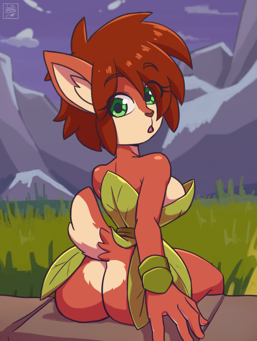 2023 activision anthro big_breasts big_butt breasts brown_body brown_fur butt clothed clothing deathzera detailed_background digital_media_(artwork) elora female fur hi_res humanoid leaf_clothing looking_at_viewer looking_back no_underwear solo spyro_reignited_trilogy spyro_the_dragon tagme