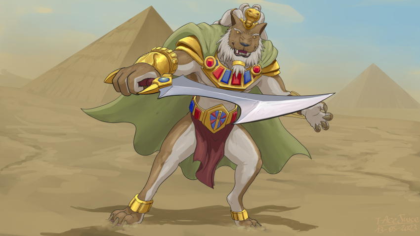 2023 accessory anthro armor beard bottomwear brown_body brown_fur cape claws clothing desert digital_media_(artwork) egyptian facial_hair felid fur hi_res jewelry lion loincloth male mammal melee_weapon monster_legends pantherine pyramid roareth sandstorm socialpoint solo sword t-ace_juice weapon white_beard white_body white_fur