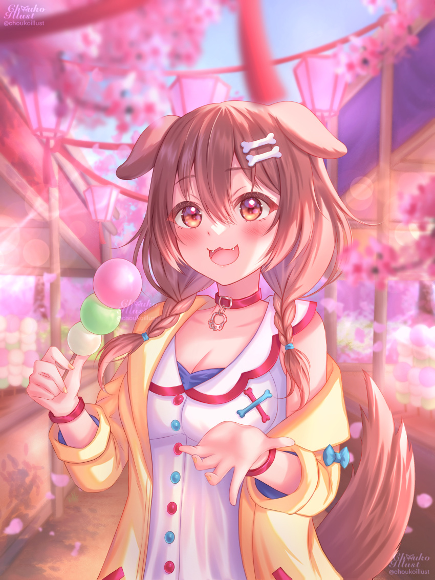 1girl :3 absurdres animal_collar animal_ears blush bone_hair_ornament bracelet braid breasts brown_eyes brown_hair choukoillust collar commentary dog_ears dog_girl dog_tail double-parted_bangs dress english_commentary fangs festival fingernails food food_stand hair_between_eyes hair_ornament hairclip highres hishimochi hololive inugami_korone inugami_korone_(1st_costume) jacket jewelry lace-trimmed_panties lace_trim large_breasts long_hair looking_at_viewer low_twin_braids mochi off_shoulder open_clothes open_jacket open_mouth panties red_collar short_dress signature sleeveless sleeveless_dress solo tail twin_braids underwear virtual_youtuber white_dress yellow_jacket