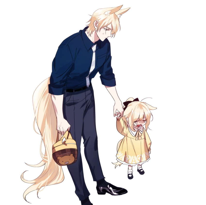 1boy 1girl animal_ears arknights belt black_belt black_bow black_pants blonde_hair bow child collared_shirt crying dress frown full_body hair_bow highres holding_hands horse_boy horse_ears horse_girl horse_tail long_hair long_sleeves looking_at_another mamkkeokk mlynar_(arknights) necktie pants ponytail saria_(arknights) shirt shirt_tucked_in short_hair simple_background standing tail white_background white_necktie yellow_dress
