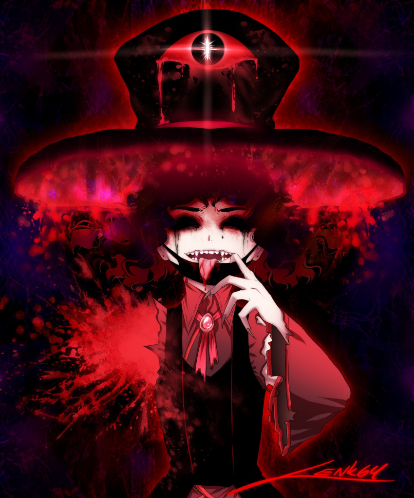 black_coat black_eyes black_hair black_mask blood blood_on_clothes coat collared_shirt curly_hair dark_background english_commentary enraku_tsubakura eye_on_hat fangs fingernails gem glowing glowing_eye halloween hand_to_own_mouth hat hat_ribbon highres large_hat len'en lenk64 long_tongue mask mask_pull missing_limb mouth_mask necktie no_pupils red_eyes red_gemstone red_necktie red_ribbon ribbon sharp_fingernails shirt short_hair signature tongue top_hat torn_clothes torn_sleeves v-shaped_eyebrows vertical-striped_coat white_shirt white_sleeves wide_sleeves