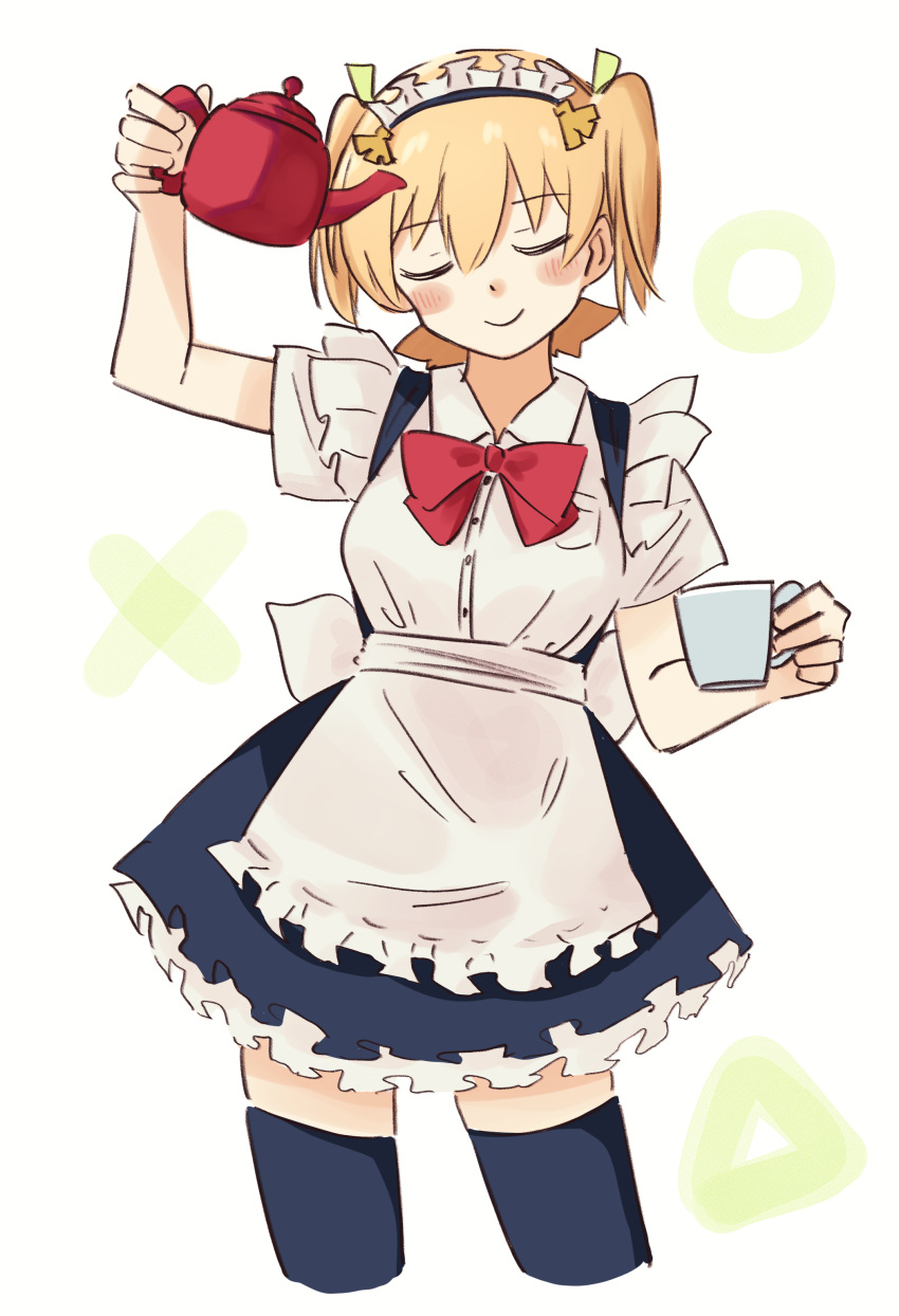 1girl absurdres alternate_costume apron arm_up banana_hair_ornament black_dress black_thighhighs blonde_hair blush bow bowtie breast_pocket breasts buttons closed_eyes closed_mouth collared_shirt cowboy_shot cropped_legs cup daiba_nana dress enmaided food-themed_hair_ornament frilled_apron frilled_dress frills green_ribbon hair_between_eyes hair_ornament hair_ribbon hand_up highres holding holding_cup holding_teapot maid maid_headdress medium_breasts mug pinafore_dress pix3dayo pocket red_bow red_bowtie ribbon shirt short_hair short_sleeves short_twintails shoujo_kageki_revue_starlight simple_background sleeveless sleeveless_dress smile solo standing teapot thighhighs twintails waist_apron white_apron white_background white_shirt zettai_ryouiki