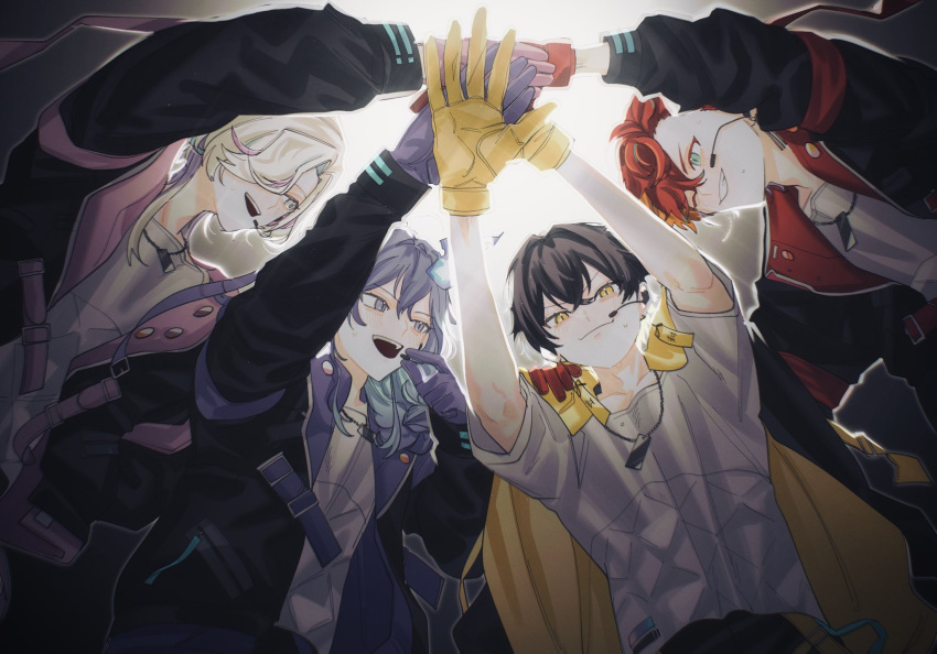 4boys :3 :d aqua_eyes aqua_hair backlighting belt black_hair black_jacket blonde_hair colored_inner_hair crossed_bangs earpiece earrings gloves grey_eyes grin hair_between_eyes hair_over_one_eye hand_on_another's_shoulder highres hitodama hizaki_gamma holding holding_microphone holostars huddle idol jacket jacket_on_shoulders jewelry long_hair long_sleeves looking_at_another male_focus medium_hair microphone minase_rio momiage_40 multicolored_hair multiple_boys necklace official_alternate_costume one_eye_closed open_clothes open_hand open_jacket orange_hair outstretched_arm outstretched_arms pink_belt pink_gloves pink_hair purple_belt purple_eyes purple_gloves purple_hair red_gloves red_hair shirt short_hair short_sleeves smile streaked_hair sweat t-shirt teeth two-sided_fabric two-sided_jacket two-tone_hair upper_body upper_teeth_only uproar_(holostars) utsugi_uyu v-shaped_eyebrows virtual_youtuber white_hair white_shirt yatogami_fuma yellow_eyes yellow_gloves