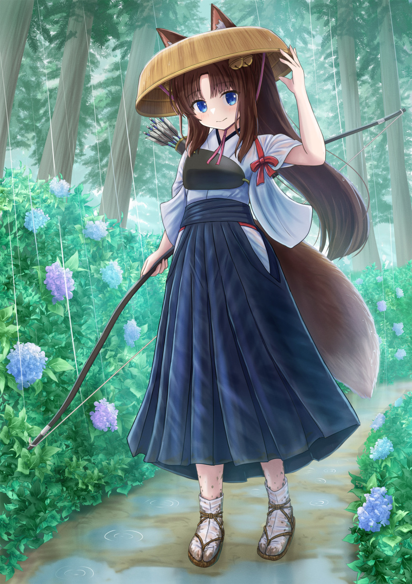 1girl absurdres animal_ear_fluff animal_ears arm_up bell blue_eyes blue_flower blue_hakama bow_(weapon) brown_footwear brown_headwear closed_mouth commentary_request day dirty dirty_clothes ears_through_headwear flower forest fox_ears fox_girl fox_tail full_body hair_bell hair_ornament hakama hakama_skirt hand_on_headwear highres holding holding_bow_(weapon) holding_weapon iroha_(iroha_matsurika) japanese_clothes jingle_bell kimono long_hair long_sleeves muneate nature original outdoors parted_bangs ponytail purple_flower rain short_sleeves sidelocks skirt smile socks solo tabi tail tasuki tree very_long_hair weapon wet wet_clothes wet_legwear wet_socks white_kimono white_socks wide_sleeves yumi_(bow) zouri