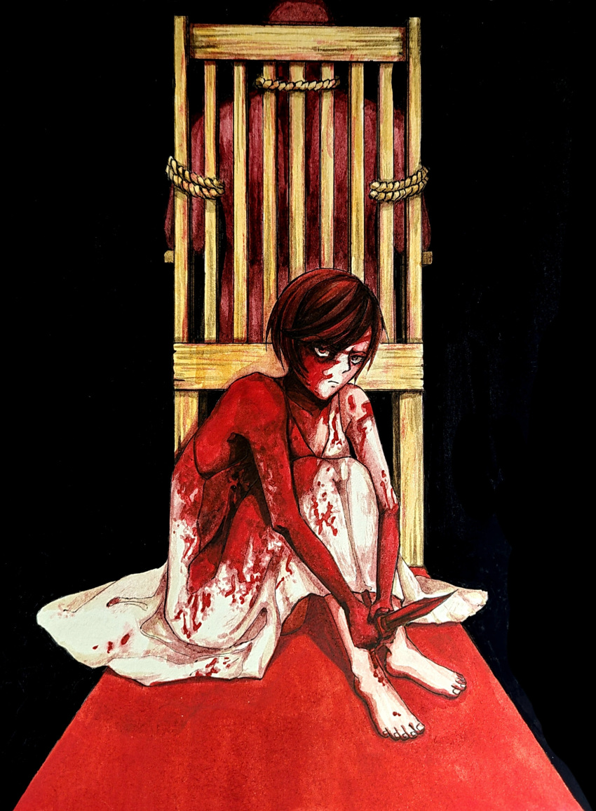 1girl 1other absurdres bare_arms bare_shoulders barefoot black_background blood blood_on_face blood_on_weapon bound brown_hair camisole chair closed_mouth collarbone dress evillious_nendaiki fetal_position frown gouache_(medium) highres holding holding_knife implied_murder knees_to_chest knife majo_salmhofer_no_toubou_(vocaloid) meiko_(vocaloid) meta28050 meta_salmhofer painting_(medium) short_hair sitting sleeveless sleeveless_dress tied_up_(nonsexual) traditional_media vocaloid watercolor_(medium) weapon white_camisole white_dress