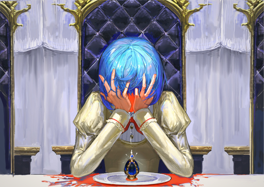 1girl absurdres blood blood_splatter blue_gemstone blue_hair bow bowtie buttons chair covering_face crying elbow_rest elbows_on_table faceless facing_viewer fu_si_lu_shu gem hands_on_own_face highres jacket juliet_sleeves long_sleeves mahou_shoujo_madoka_magica mahou_shoujo_madoka_magica_(anime) miki_sayaka mitakihara_school_uniform plate puffy_sleeves red_bow red_bowtie school_uniform short_hair solo soul_gem table tablecloth tears upper_body yellow_jacket