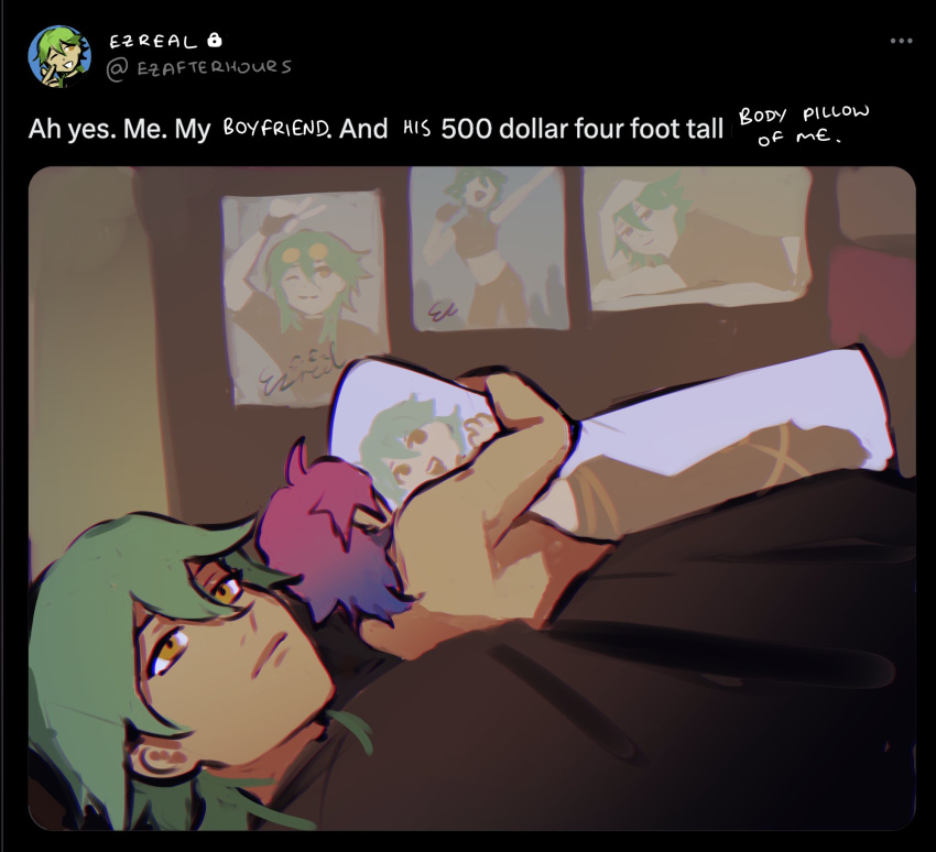 2boys 500_dollar_four_foot_tall_mareep_(meme) bare_back bed dakimakura_(object) english_text ezreal green_hair heartsteel_(league_of_legends) heartsteel_ezreal heartsteel_kayn highres hugging_object indoors kayn_(league_of_legends) league_of_legends looking_up lying male_focus meme multicolored_hair multiple_boys on_back orange_eyes pillow pillow_hug pink_hair poster_(object) purple_hair sudo_(pseudostars) twitter two-tone_hair