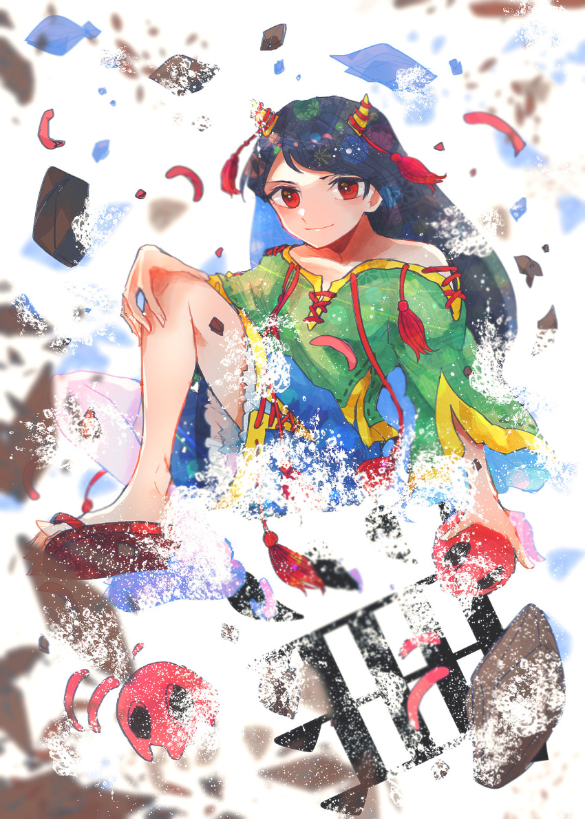 1girl black_hair blue_shorts closed_mouth collarbone cowboy_shot green_shirt highres horns itomugi-kun long_hair nippaku_zanmu oni_horns red_eyes rock shirt shorts skull solo touhou