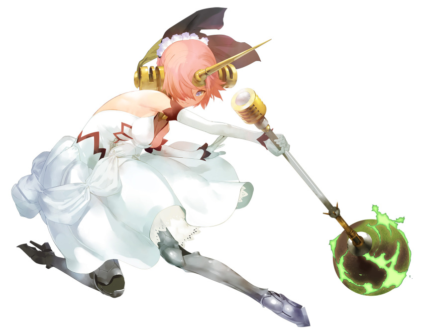 1girl armored_boots bare_shoulders blue_eyes boots breasts dress fate/apocrypha fate_(series) frankenstein's_monster_(fate) gloves hair_over_one_eye headgear highres horns mace mechanical_horns medium_breasts okazaki_takeshi pink_hair short_hair single_horn solo veil weapon white_dress white_gloves