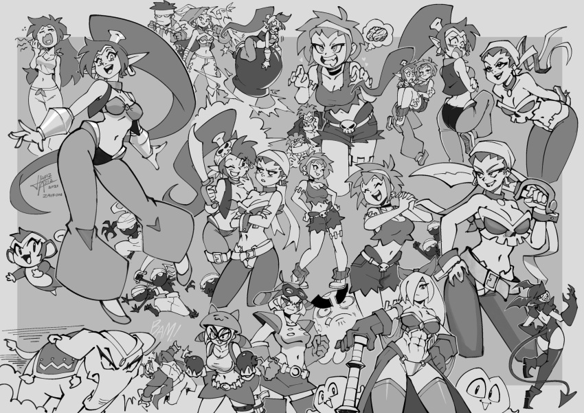 abner_cadaver abs ammo_baron angry arabian_clothes bandana belt bolo_(shantae) bomb bracer breasts cannon carrying character_request choker cleavage dated demon_girl demon_tail demon_wings earrings elephant explosive full_body gloves greyscale harem_pants hat headband highres holding holding_sword holding_weapon hoop_earrings jewelry large_breasts long_hair looking_at_viewer monkey monochrome navel open_mouth pants pirate_costume pirate_hat poe_(shantae) pointy_ears pointy_footwear ponytail princess_carry risky_boots rottytops shantae shantae:_half-genie_hero shantae_(series) shantae_and_the_pirate's_curse signature sky_(shantae) smile squid_baron stomach sword tackle tail thighhighs tinkerbat twitch_(shantae) vinegar_(shantae) wayforward weapon wings yawning za1f0n zombie