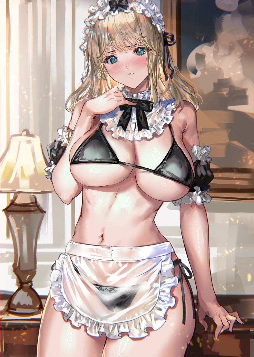 1girl apron bikini black_bikini black_bow black_bowtie blonde_hair blue_eyes blush bow bowtie breasts commentary_request highres indoors large_breasts looking_at_viewer maid maid_apron maid_bikini maid_headdress navel original parted_lips ran'ou_(tamago_no_kimi) see-through see-through_apron solo swimsuit unconventional_maid