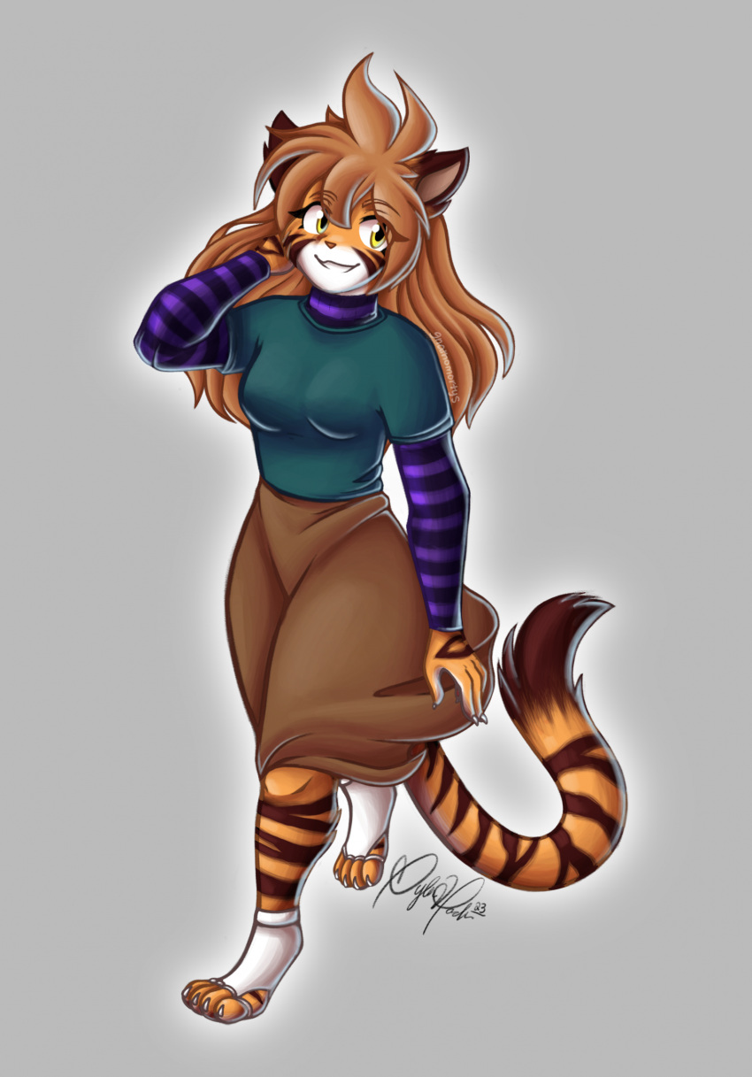 2023 anthro breasts brown_hair clothed clothing digitigrade eyebrows eyelashes felid female flora_(twokinds) fur hair hi_res keidran long_hair looking_at_viewer mammal orange_body orange_fur pantherine proriger smile smiling_at_viewer solo striped_body striped_fur stripes tiger toeless_legwear twokinds webcomic white_body white_fur yellow_eyes