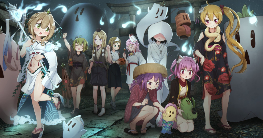 6+girls abutomato ahoge animal_ears anna_mel arm_at_side arm_up arms_at_sides bead_bracelet bead_necklace beads bell black_hair black_kimono black_sash black_skirt black_wings blonde_hair blush bow bracelet bride brown_kimono brown_vest cat_ears cheek_pinching cheek_poking clenched_hand closed_eyes clothing_cutout covered_eyes cropped_kimono dot_nose facial_mark floral_print flower_knot fox_mask gem geta glasses green_eyes green_gemstone green_hair grin hair_bow hair_ornament hand_on_own_hip hand_up haori hat highres holding holding_hands holding_staff hood hood_up hooded_kimono jack-o'-lantern jacket japanese_clothes jewelry kanzashi kazari_jun kimono kouhaku_nawa kuro_(magia_record_game) leg_up legs_apart long_hair long_sleeves looking_at_another magia_record:_mahou_shoujo_madoka_magica_gaiden mahou_shoujo_madoka_magica makino_ikumi mask medium_hair medium_skirt midori_ryo midriff miniskirt multiple_girls navel neck_bell necklace noh_mask obi okobo open_mouth outdoors parted_bangs pinching pink_eyes pink_hair poking pom_pom_(clothes) ponytail print_kimono purple_eyes purple_hair red_eyes red_jacket red_ribbon red_sash red_scarf ribbon rope sarasa_hanna sash satori_kagome scarf shimenawa shiromuku short_hair short_kimono shoulder_cutout side_ponytail side_slit sitting skirt sleeveless sleeveless_kimono smile snake socks squatting staff standing suzuka_sakuya tabi third_eye tiara tokin_hat torii triangular_headpiece two_side_up uchikake vest waist_cape waist_sash walking white_kimono white_skirt white_socks wide_sleeves wings yellow_bow yellow_kimono yukino_kanae